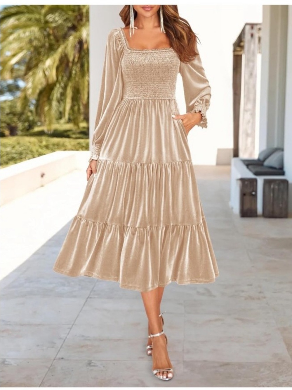 Women's Smocked Tiered Long Sleeve Dress champagne, beige
